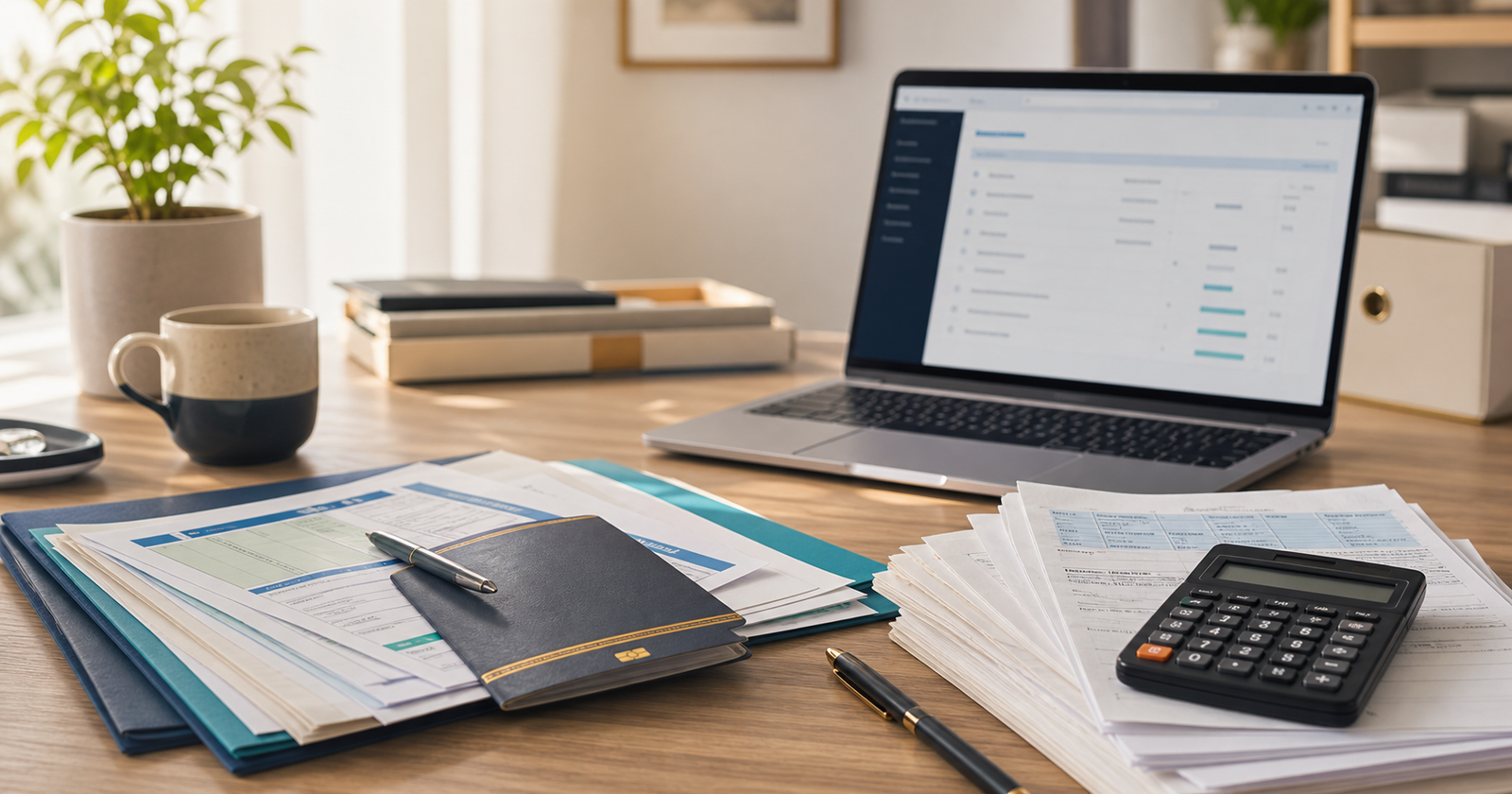 Mesa de trabajo con documentación, ordenador y material de gestión