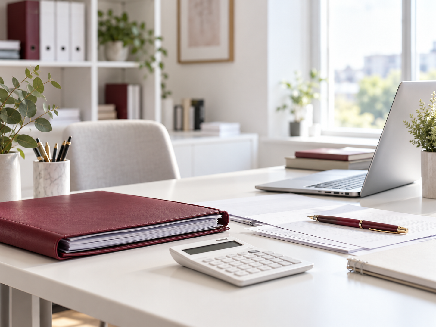 Imagen ilustrativa de una mesa de trabajo profesional con documentación y material de gestión, sin personas